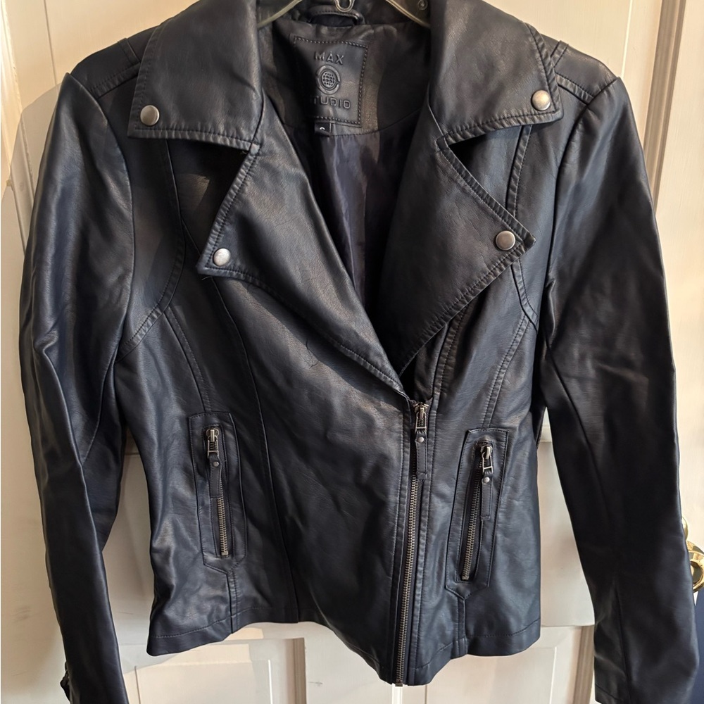 Max Studio Navy Faux Leather Jacket
